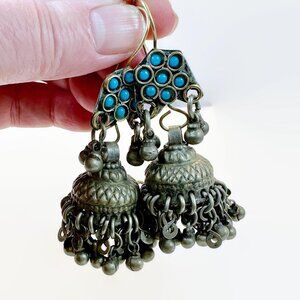Middle Eastern Earrings, Jhumka, Belly Dance, Afghan, Blue, Vintage, Ear Weights